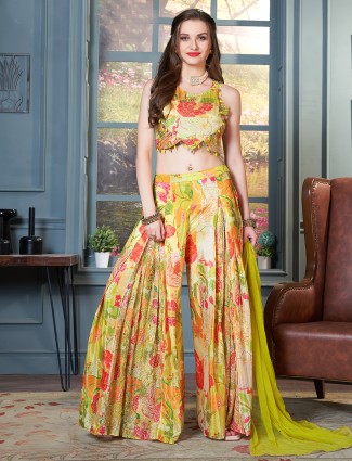 Printed yellow palazzo salwar suit