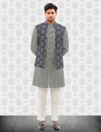 Elegant blue cotton kurta jacket set for men