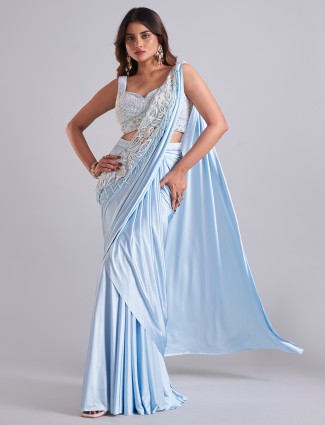 Light blue satin saree for reception