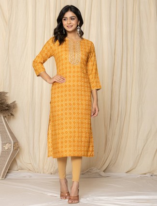 Awesome mustard yellow silk printed kurti