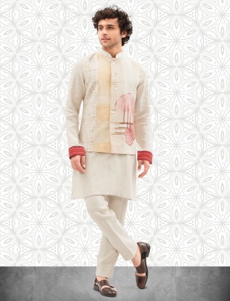 Modern cream printed cotton kurta jacket set for men