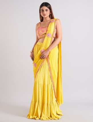 Trendy mustard yellow georgette saree