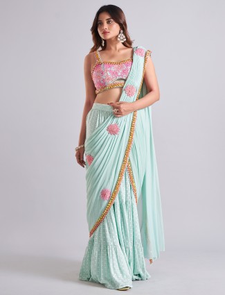 Trendy mint blue designer georgette saree