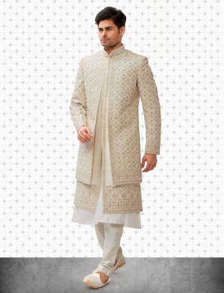 Peach georgette sherwani with dupatta