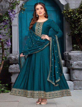 Beautiful rama blue anarkali suit in silk