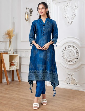 Latest blue printed russian silk kurti set