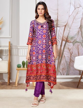 Russian silk purple printed kurti set