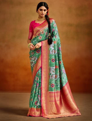 Beautifl green tsser silk saree