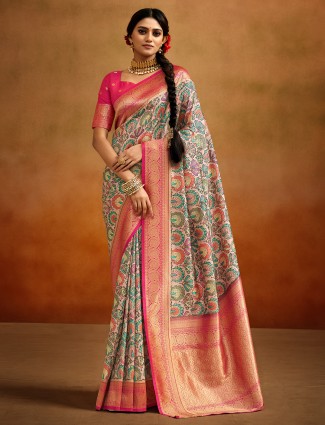 Light pink printed tusser silk saree