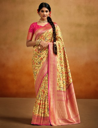 Latest yellow printed tusser silk saree
