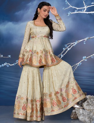 Trendy beige sharara salwar suit in silk
