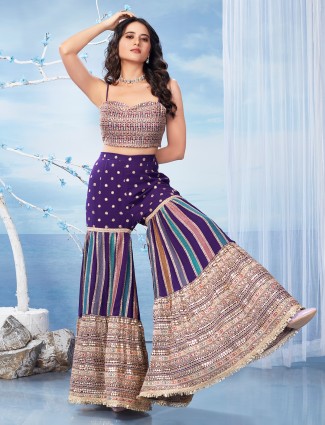 Peach georgette palazzo suit featuring bead and sequin accents