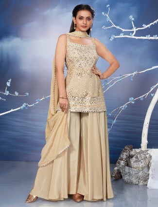 Khaki beige palazzo suit in aabla work