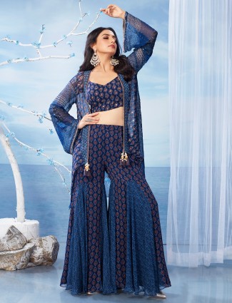 Stunning blue printed georgette palazzo suit