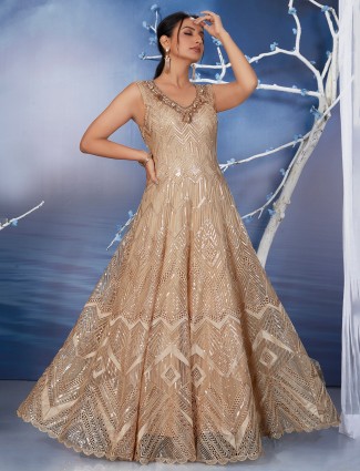 Beige net embroidery anarkali salwar suit