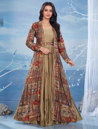 Cotton silk jacket style khaki anarkali suit