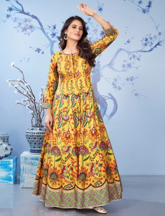 Mustard yellow silk anarkali salwar suit