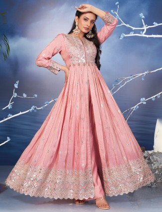 Light purple silk palazzo suit with sequins embellishment