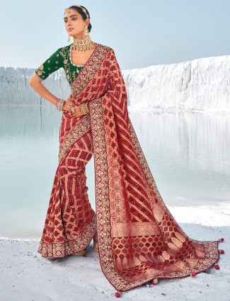 Beautiful maroon bandhej saree