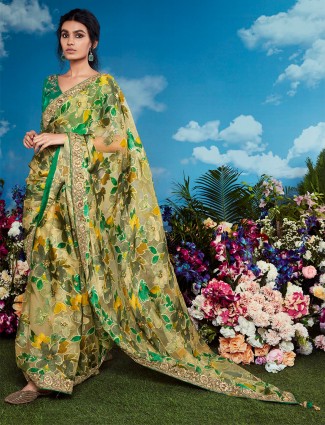 Printed green saree in braso