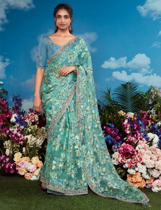 Light green organza printed saree