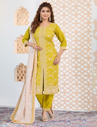 Mehendi yellow salwar suit in silk