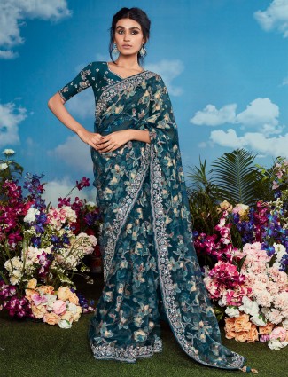 Trendy rama blue organza saree