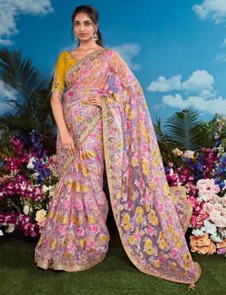Organza printed pink saree
