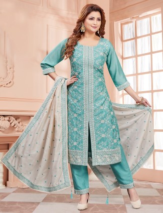 Latest aqua silk salwar suit with dupatta