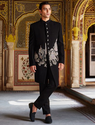 Extreme charming black terry rayon indo western for men