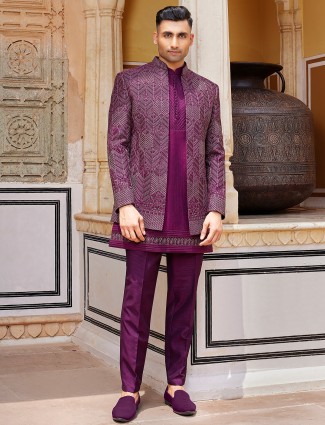 Royal dark purple indo western in raw silk