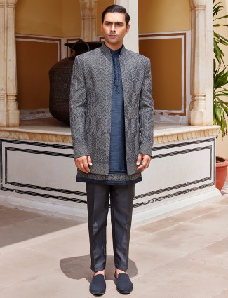 Stunning indigo blue raw silk indo western for men