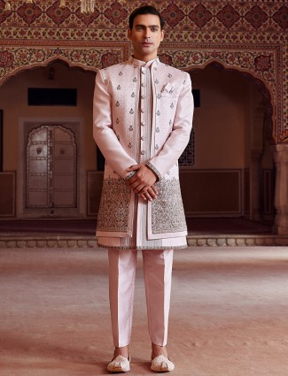Lavish light pink raw silk indo western for men