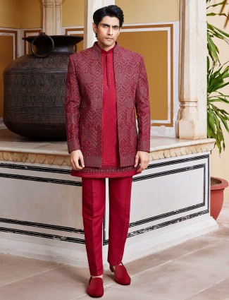 Stylish maroon indo western in raw silk for men