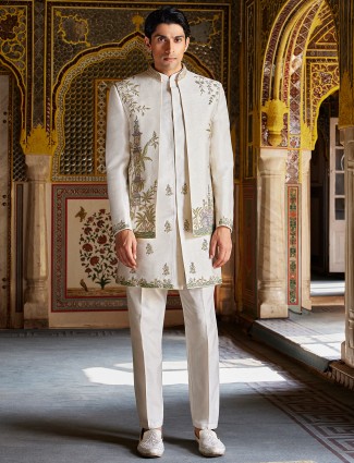 Traditional glimmerish off white raw silk indo western for men