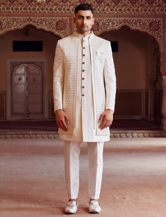 Shiney off white indo western in raw silk for men