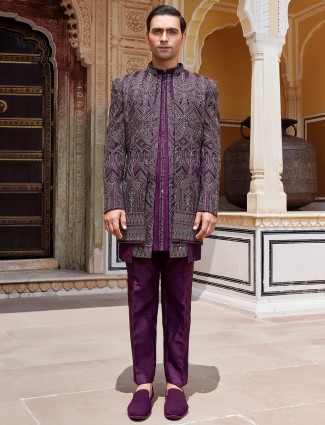 Breath taking royal dark purple indo western in raw silk
