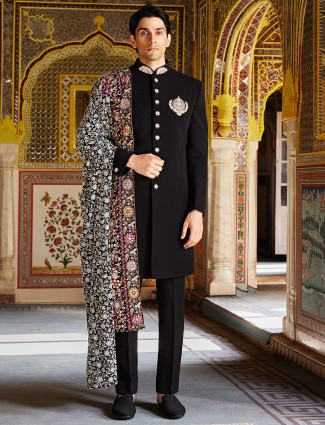 Terry rayon black reception style sherwani for man