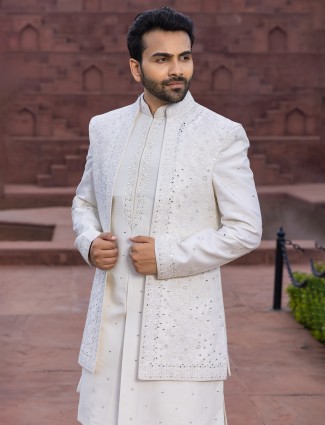 Classy white raw silk indowestern for wedding