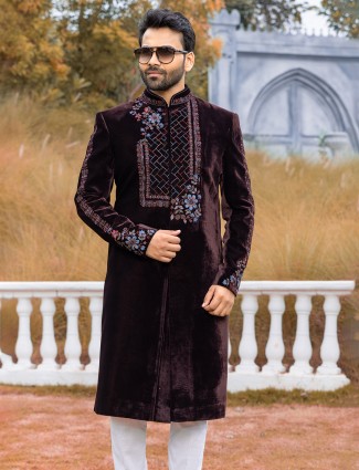 Velvet dark chocolate brown Indowestern for men