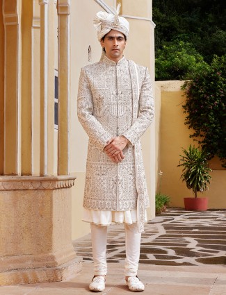Raw silk cream sherwani beads embellishment