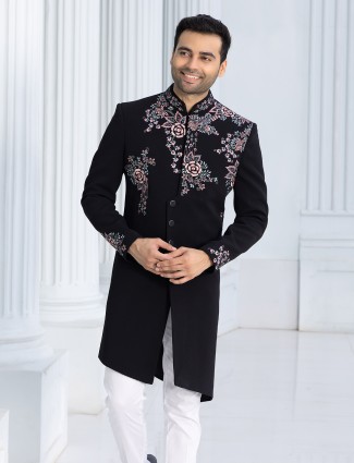 Impressive black textured terry rayon Indowestern