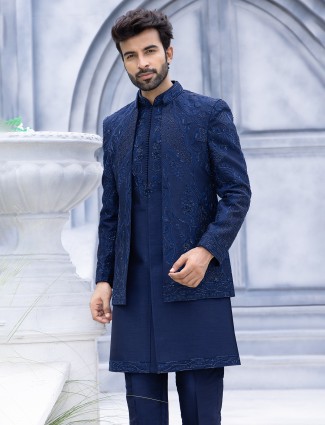Indigo blue classy stylish indo western in raw silk