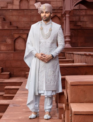 Light grey peshwai style raw silk sherwani for groom