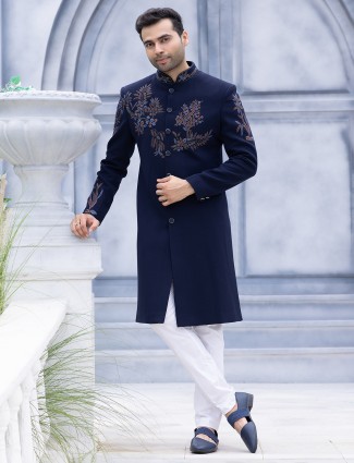 Reception style navy blue textured Indowestern