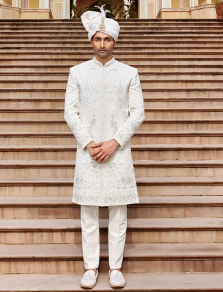 Off white raw silk groom style sherwani
