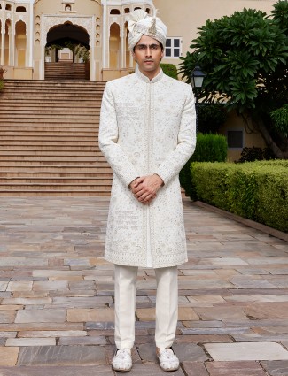 Wedding style off white raw silk sherwani with fine embroidery