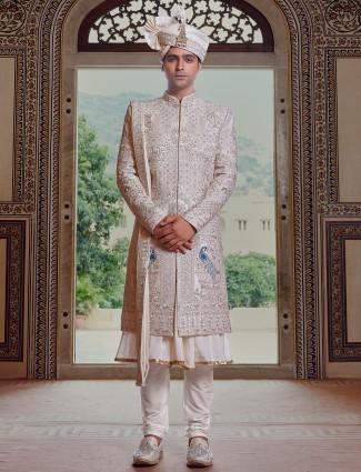 Resham work cream peshwai style sherwani for men