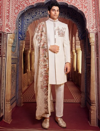Cream raw silk textured sherwani for groom