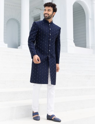 Trendy navy blue textured Indowestern for men